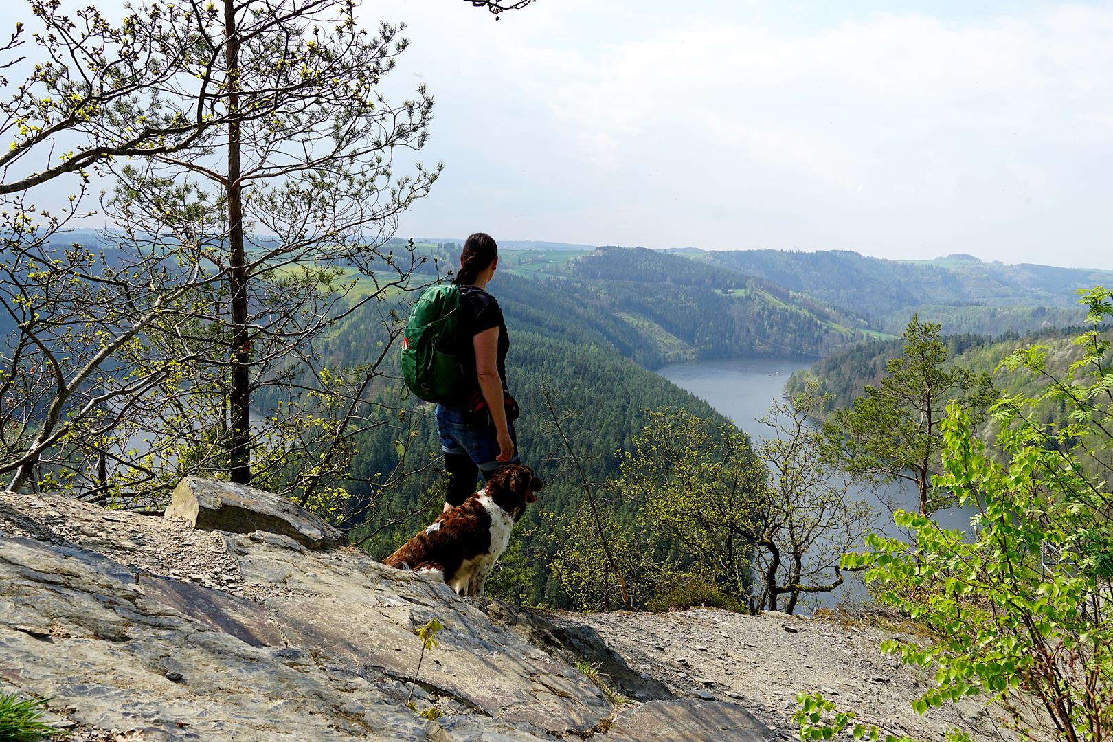 Wanderin mit Hund steht auf Felsen und blickt auf einen kurvigen Stausee